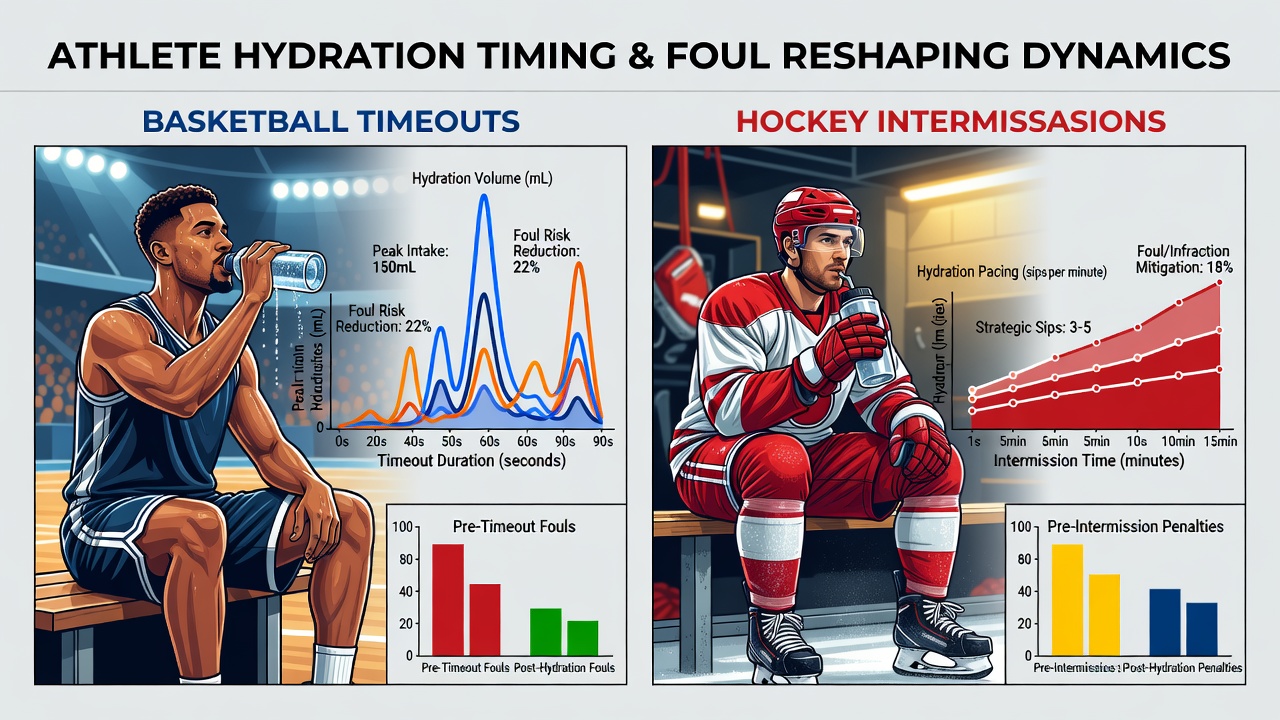 Coaches and medical staff monitoring hydration schedules during overlapping basketball and hockey contests