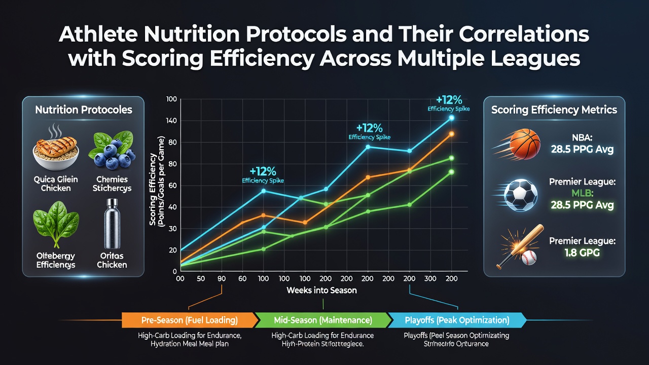 Performance data dashboards displaying scoring efficiency trends linked to nutrition variables across basketball, soccer, and hockey leagues