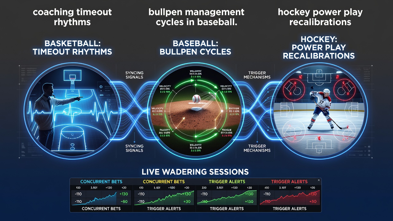 Coaches signaling timeouts on a basketball court while baseball managers adjust bullpens in parallel live events