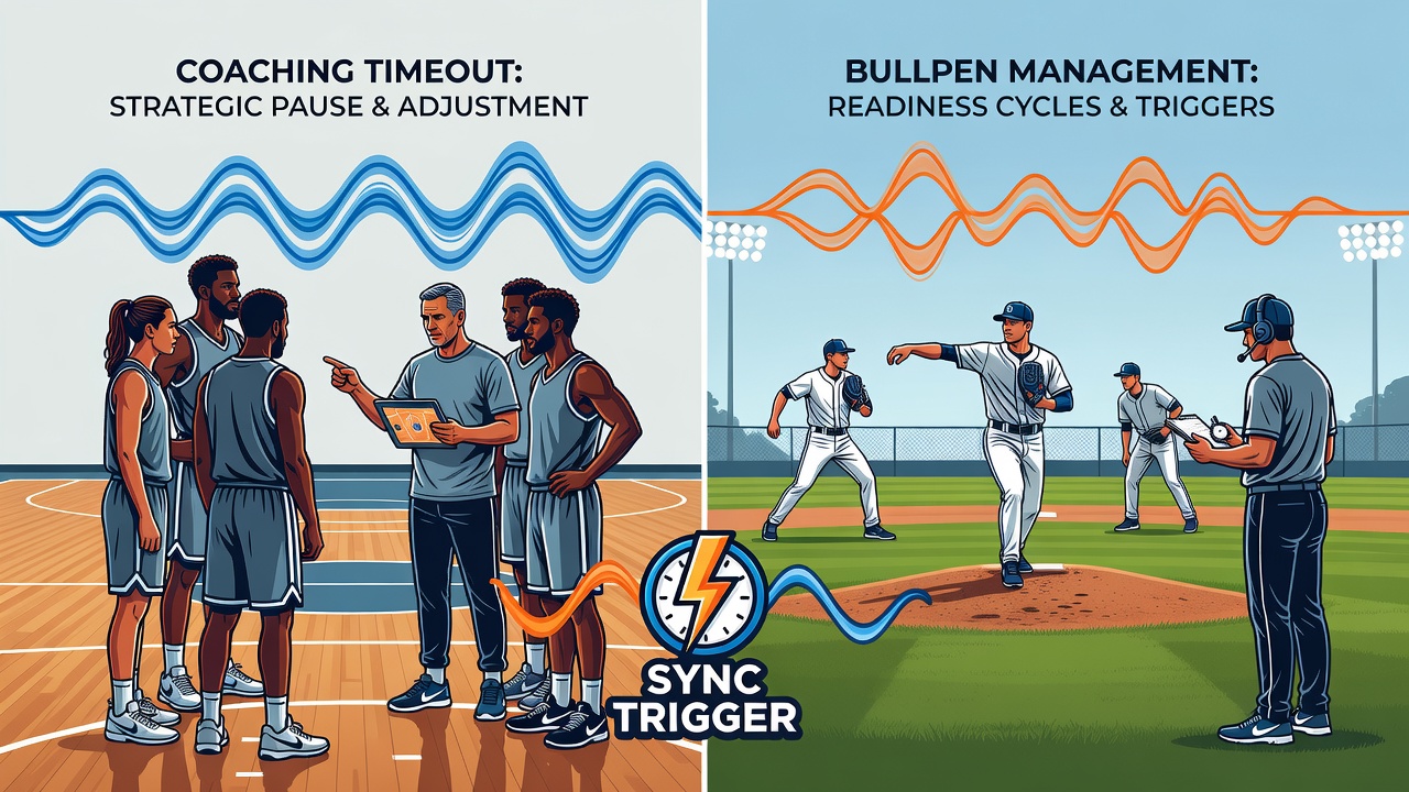 Split-screen view of baseball bullpen activity alongside hockey power play formations during overlapping broadcasts
