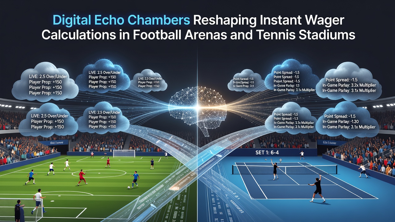 Tennis stadium crowd with players on court while live betting interfaces display shifting odds influenced by digital discussions