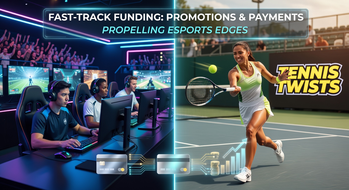 Dynamic esports arena with glowing payment icons overlayed on tennis court action, symbolizing fast funding in betting