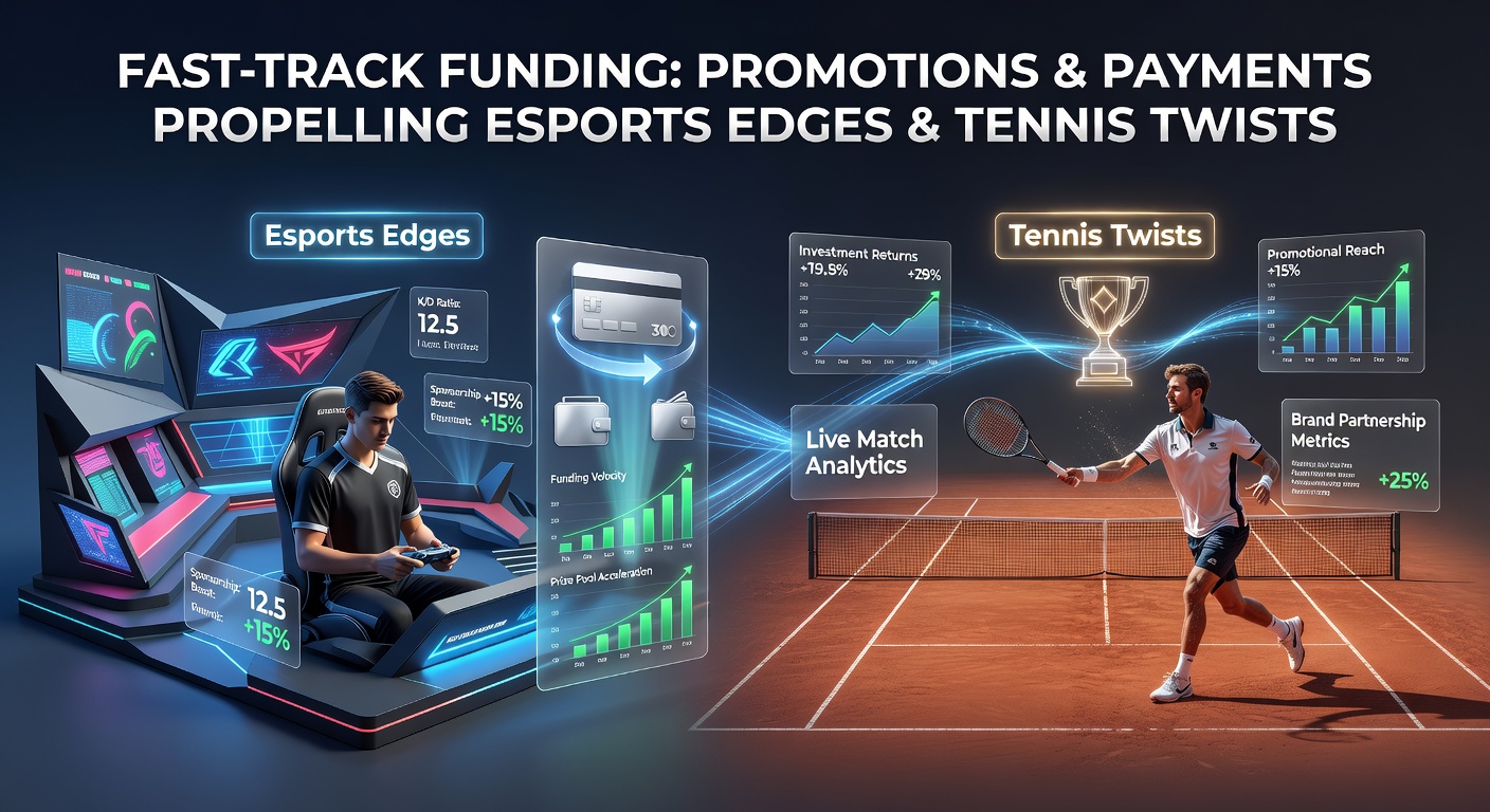 Tennis player mid-serve with overlaid esports HUD displaying instant payment confirmations and promo badges