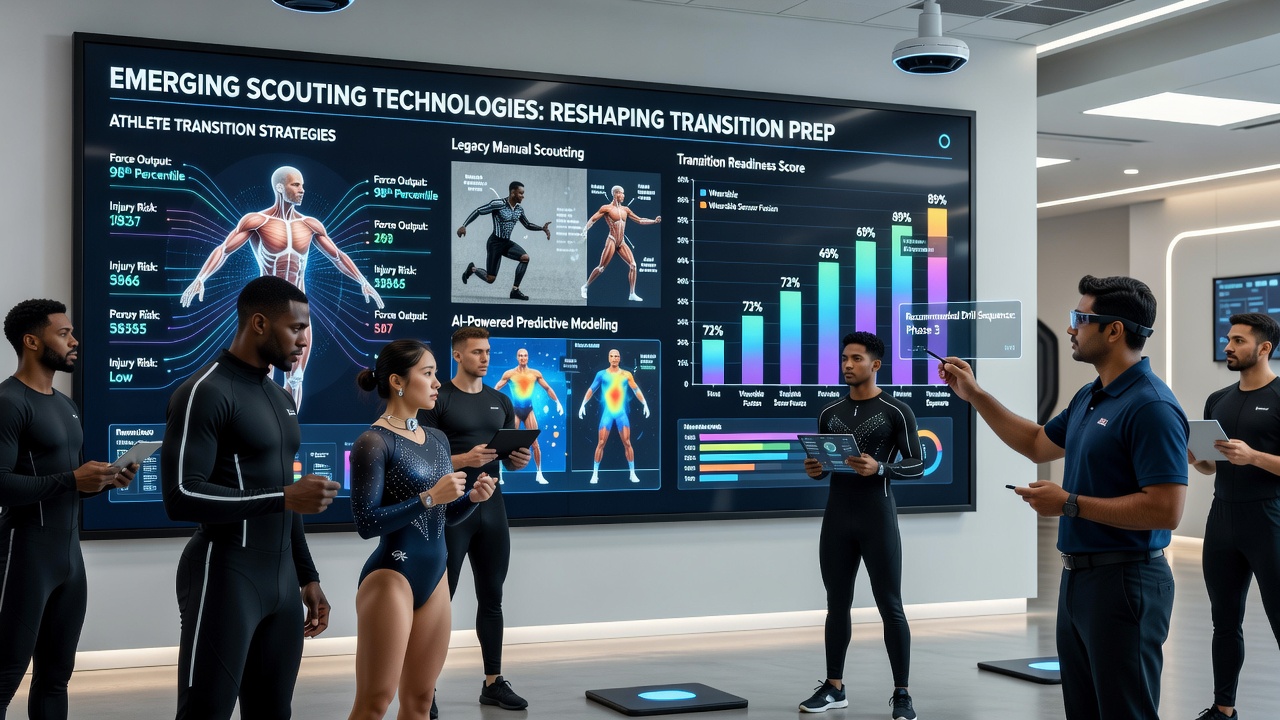 Detailed view of biometric sensors and AI dashboards used in athlete transition training