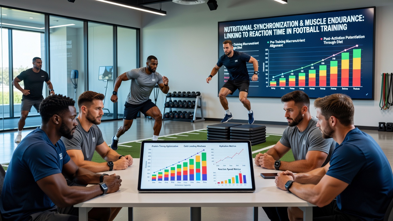 Nutrition timing charts and performance data linking football endurance sessions with boxing reaction drills and hockey shift changes