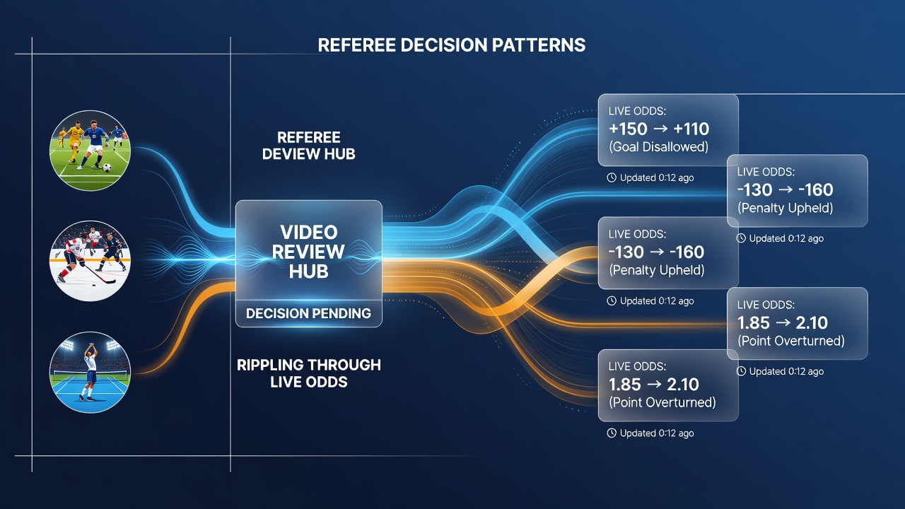 Referee reviewing video footage during a football match while live betting odds update on a digital display