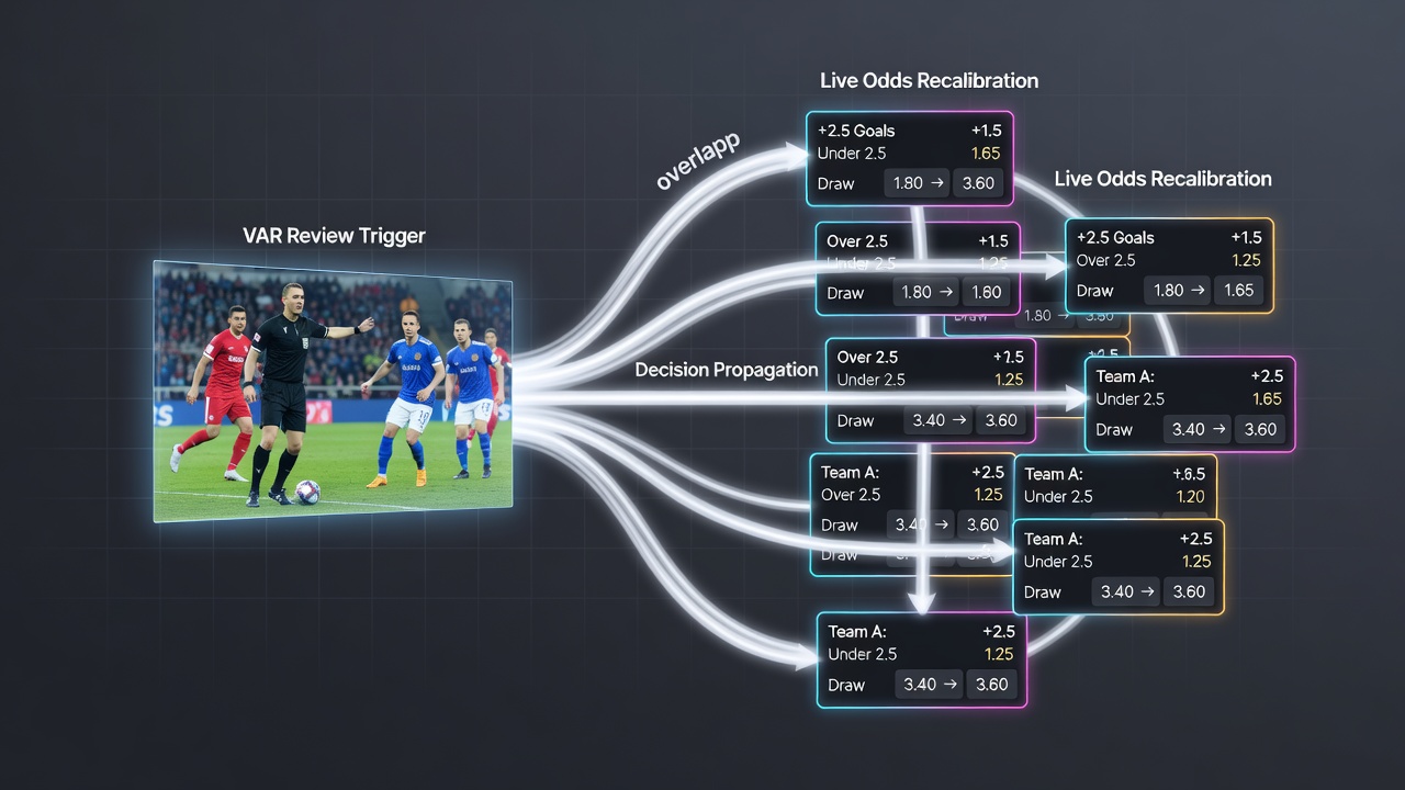 Split-screen view showing simultaneous football VAR review, hockey goal-line review, and tennis Hawk-Eye challenge alongside updating live odds boards