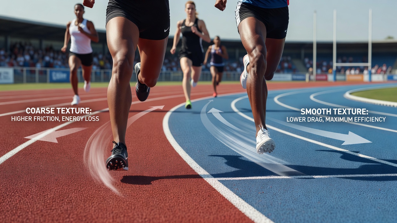 Close-up view of textured athletic track surface showing granular patterns and grip elements under stadium lighting
