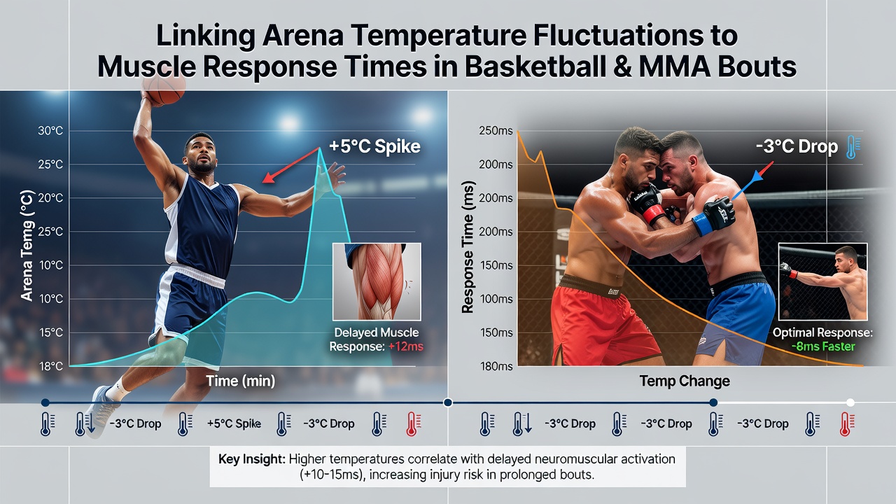 Athletes performing warm-up routines under varying arena climate conditions ahead of basketball and MMA competitions