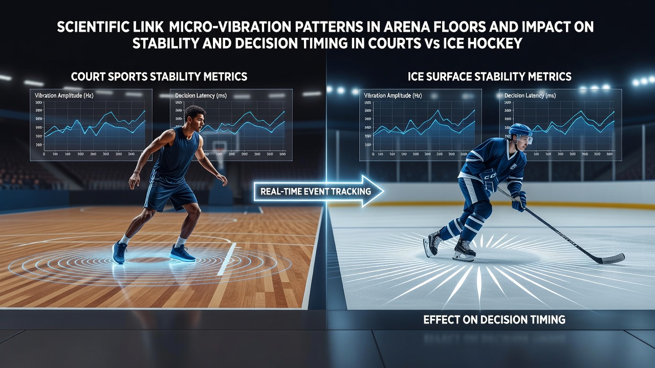 Micro-vibration sensors embedded in multi-sport arena flooring systems measuring stability across court and ice surfaces