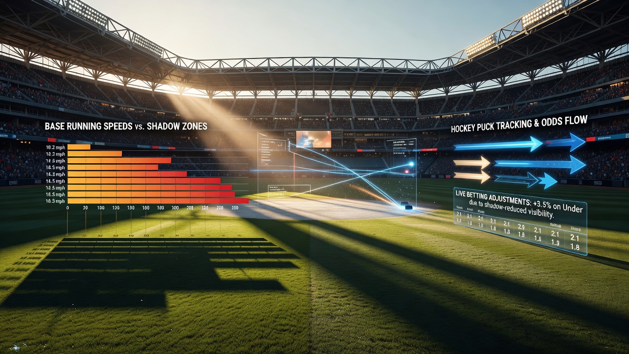 Stadium shadows casting across baseball outfield during late afternoon game affecting player visibility and base running decisions