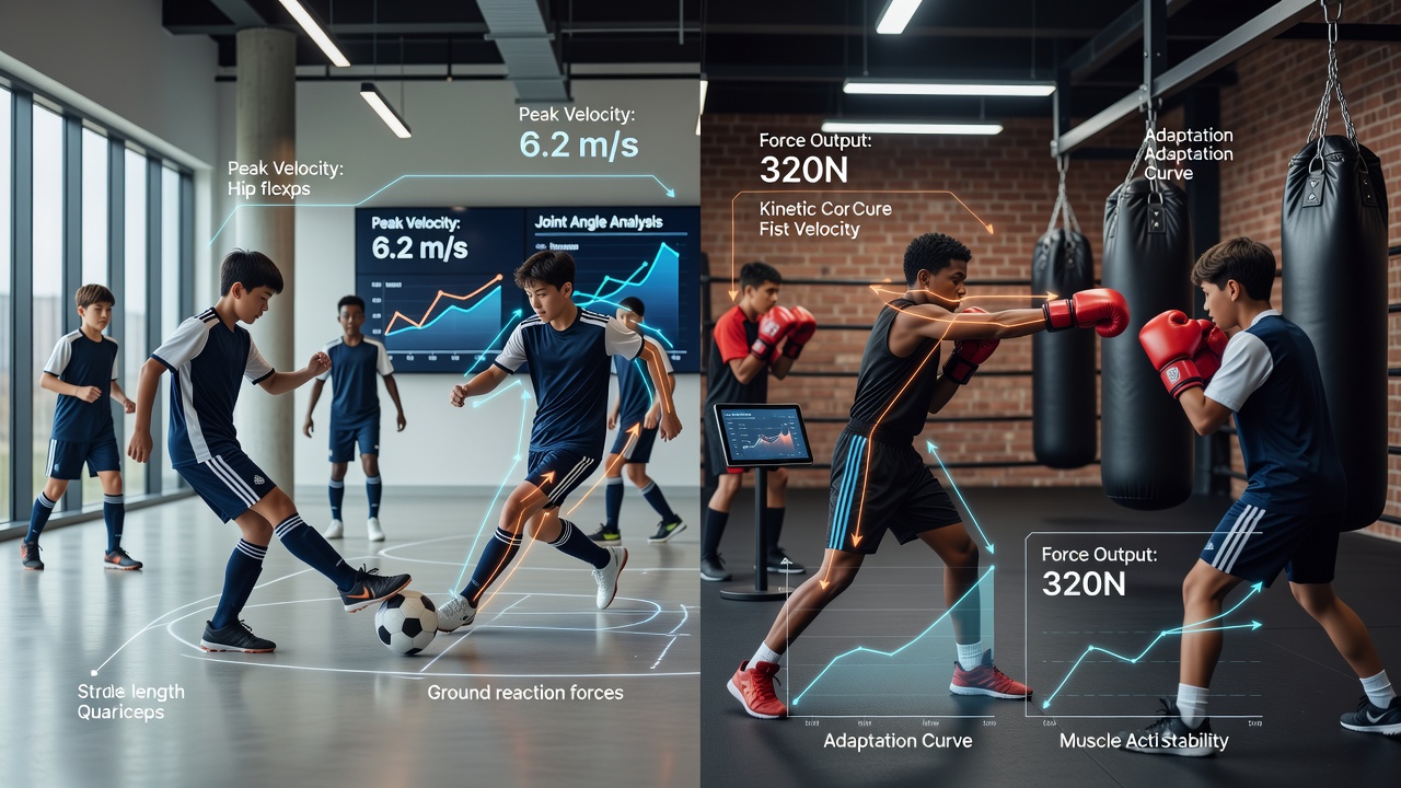 Boxing gym interior with young athletes practicing footwork and punch mechanics under coach supervision
