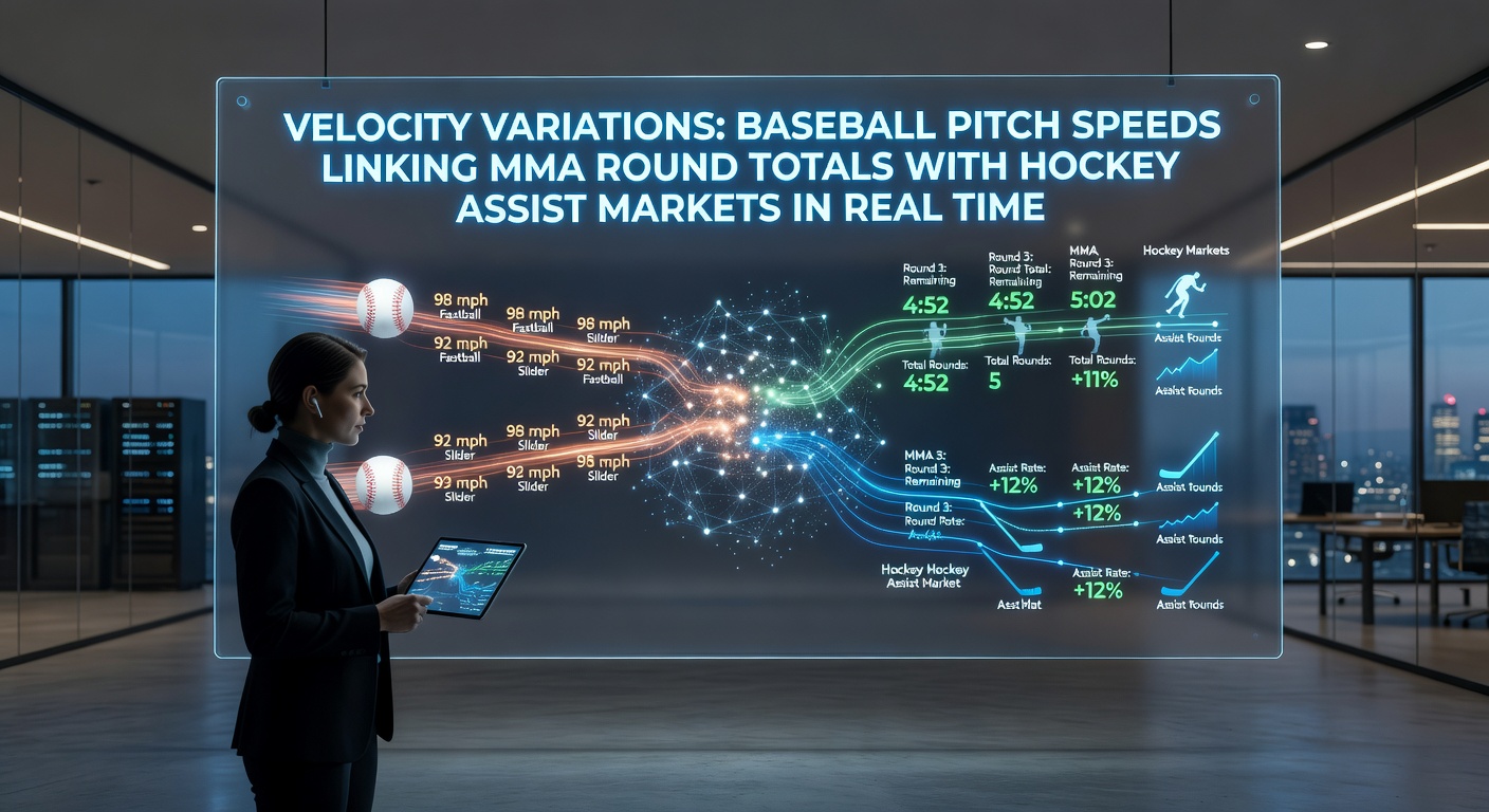 Baseball pitcher in mid-throw with real-time velocity metrics displayed on a digital betting dashboard overlay