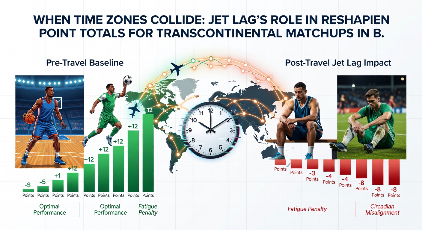 Game footage and statistical overlays highlight differences in offensive production following long-haul flights