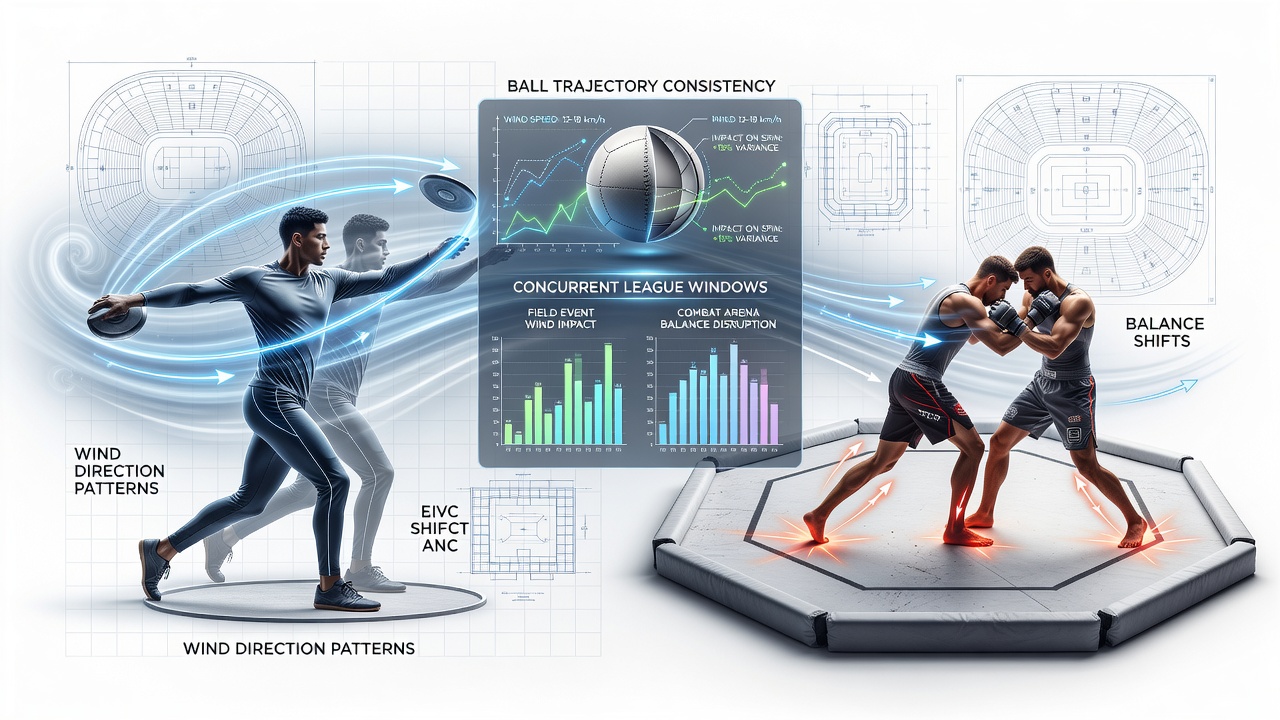 Wind patterns affecting ball trajectories in outdoor sports fields with athletes in motion during league events